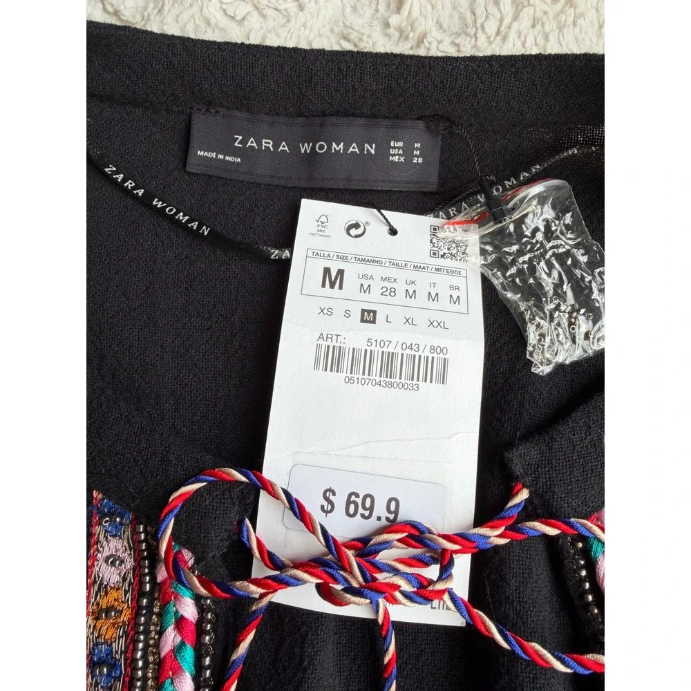New Zara Beaded Folk Embroidered Tassel‎ Boho Blouse Balloon Sleeve Top NWT M